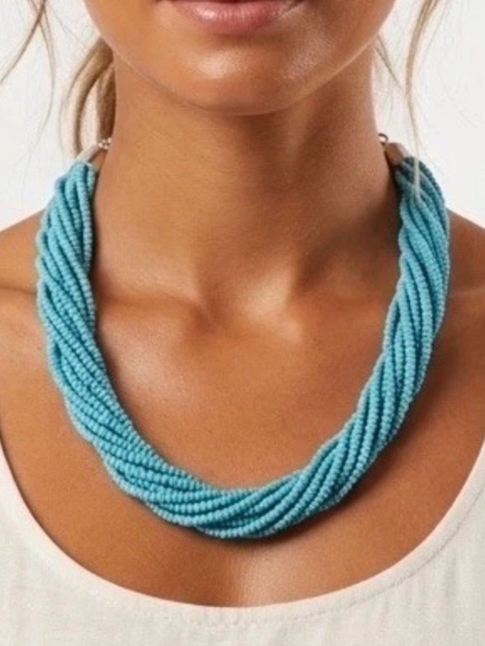 Turquoise Blue Seed Bead Statement Necklace Multi-Strand Boho Coastal Chic NEW
